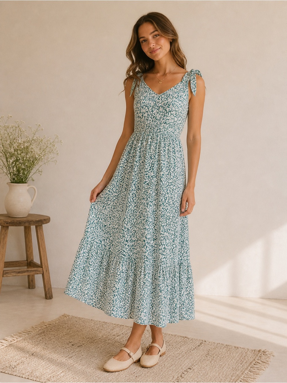 Sienna Sky Floral Tier Midi Prairie Modest Cottagecore Dress Small